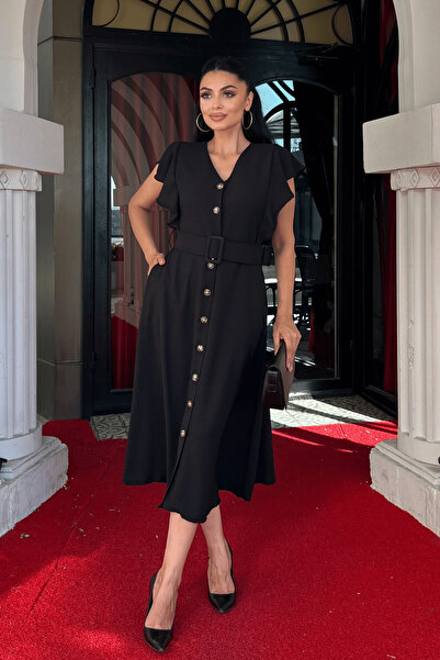 giyimmasalı فستان من قماش أيروبين بأزرار مفصلة - أسود