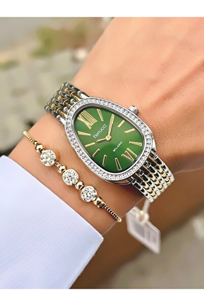 Ferrucci YEŞİL KADRANLI GOLD TAŞLI OVAL KASA METAL KADIN KOL SAATİ