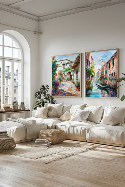 STARYUNA Watercolor Effect Venice Italy Landscape Painting, Wooden Frame Set of 2 Paintings Yuna136