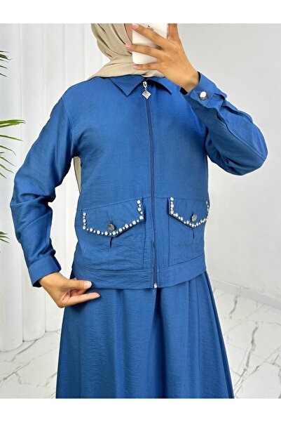 Modamorfo Zippered Jacket, Elastic Waist Skirt, Linen Suit - Blue