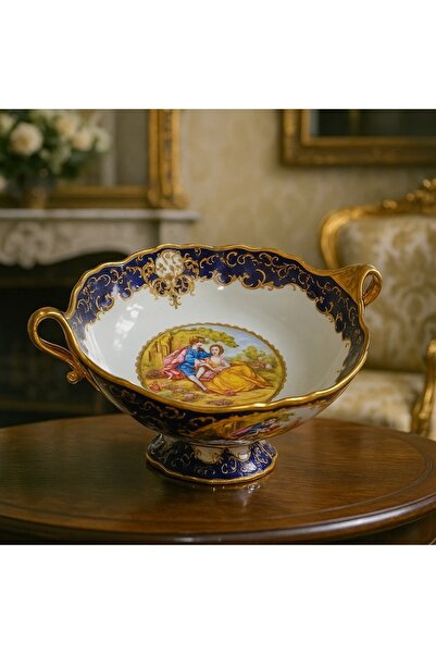 Zuccara Maison Çift Kollu Ayaklı Porselen Kase – El Dekoru, Barok Stil