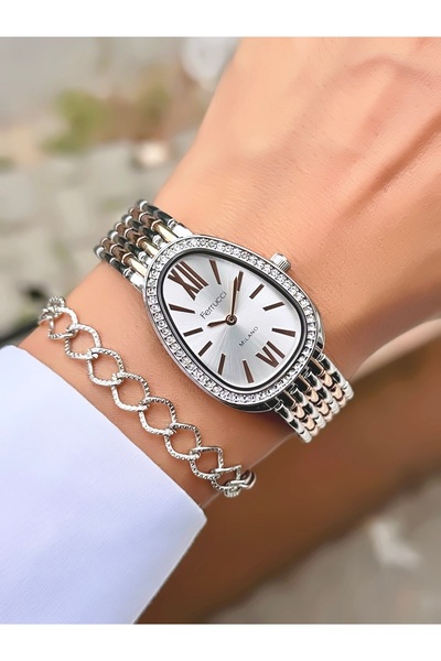 Ferrucci ROSE GÜMÜŞ TAŞLI OVAL KASA METAL KADIN KOL SAATİ