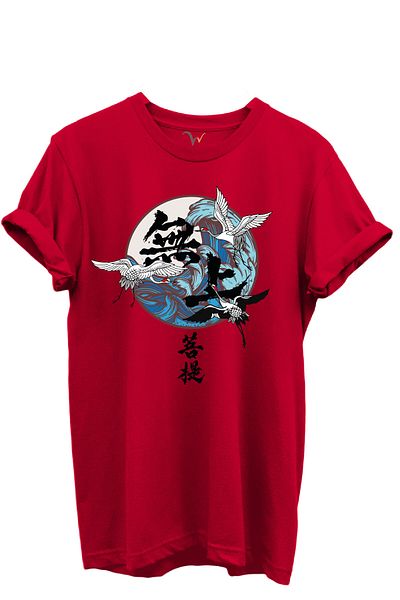 WİDİ Crane Birds and Wave Pattern in Japanese Art Style 100% Cotton Regular Fit Unisex T-Shirt