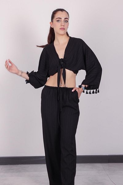 Hazel Set pantaloni negri cu ciucuri pentru femei