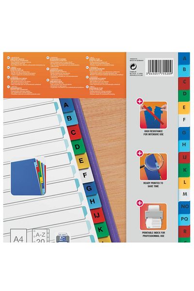 Oxford Index alfabetic din plastic A4 A-Z, set de 20 de coli, culoare albă cu margini colorate