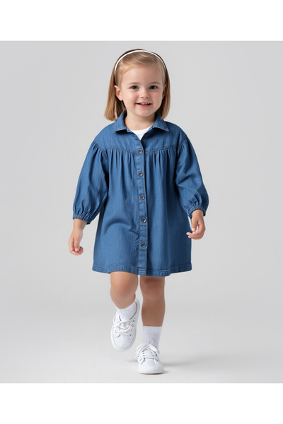 Bonfino فستان قميص جينز واسع من القطن 100%، كتف منسدلة، أزرق