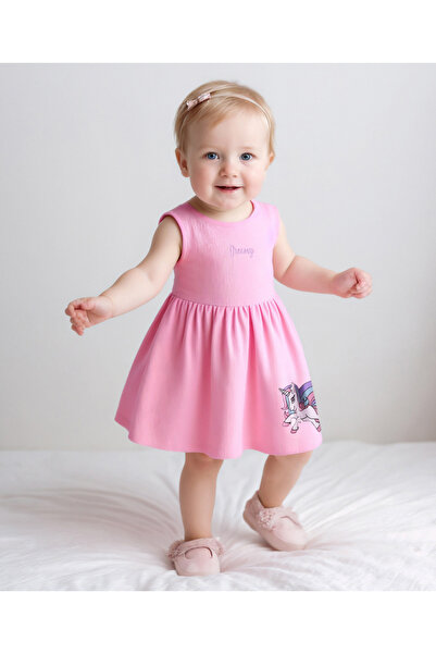 Bonfino 100% Cotton Knit Sleeveless Unicorn Print & Text Embroidery Dress with Bloomer - Pink