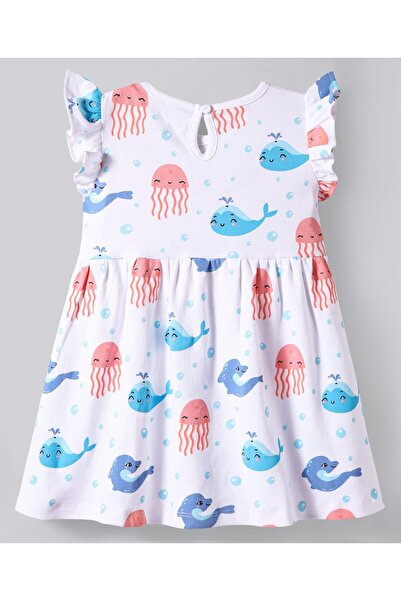 Bonfino 100% Cotton Knit Frill Sleeves Dress with Bloomer & Sea Life Print - White