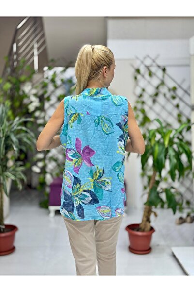 Punta Otantik LS8819B Αμάνικη ιταλική μπλούζα από βαμβάκι με τσέπες μπλε