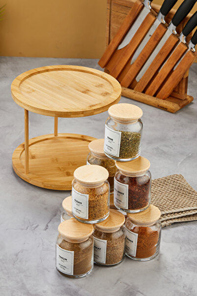 MODA OZY Set of 10 Wooden Vacuum Lids, Rotating Bamboo Stand, Labeled Glass Spice Jar Set, Storage Jar 300ml