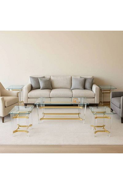 Al Saada Home طقم طاولة دائرية من الأكريليك والفولاذ - ذهبي - 4 قطع + قطعة واحدة