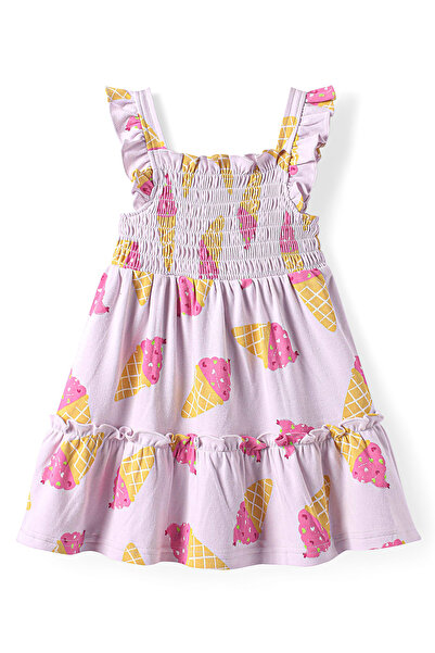 Bonfino Ice Cream Printed Tiered Dress With Smocking At Front - Purple