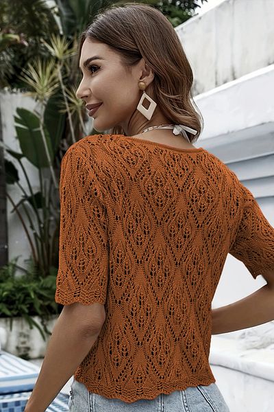 AQE FASHION Women's Openwork Short Sleeve Button Knitted V Neck Casual Camel Tirko Cardigan