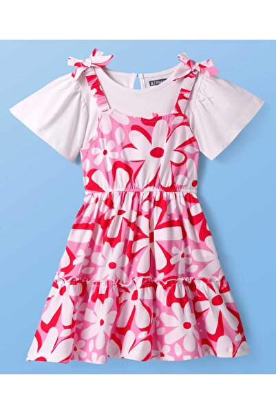Pine kids فستان قطني بطبعة زهور مع تي شيرت داخلي - وردي وأبيض