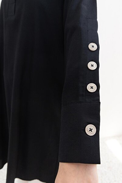 ALLDAY Siyah-Kol Düğmeli Keten Tunik