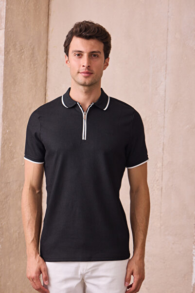 Pietra Paul Men's Zippered Stripe Detailed Polo Neck T-Shirt