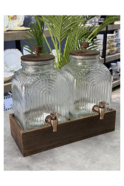 Doğudeko Ahşap Kapaklı 2 Li 3 Litrelik Cam Sebil Seti