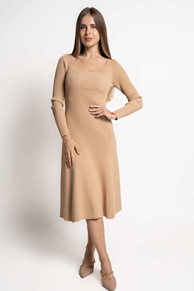 mica Women's Solid Ribbed Midi Dress with Open Neckline