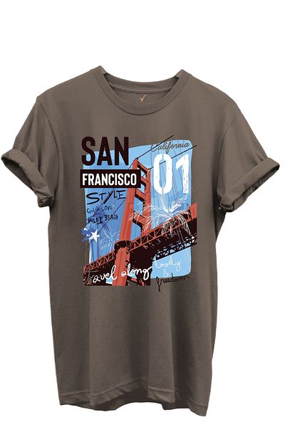 WİDİ San Francisco California Written Golden Gate Bridge Printed 100% Cotton Regular Fit Unisex T-Shirt