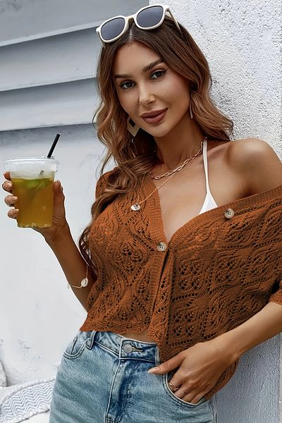 AQE FASHION Women's Openwork Short Sleeve Button Knitted V Neck Casual Camel Tirko Cardigan