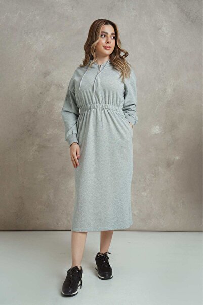 mica Solid Cotton Midi Dress with Long Sleeves