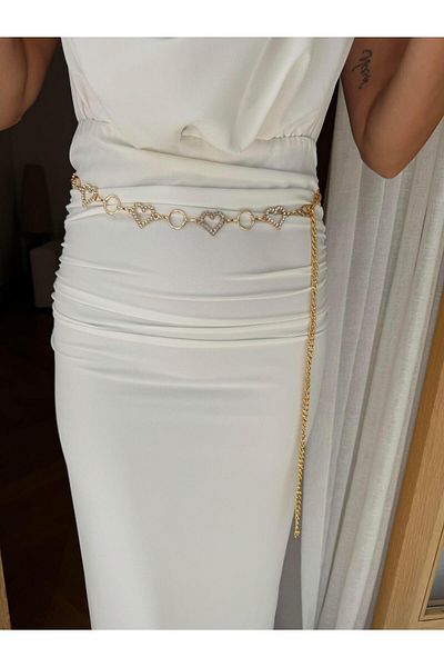 Tina İstanbul Stone Embroidered Heart Metal Belt Gold