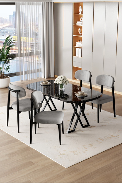 Canisa Jolin Serisi Mdf 90x168 Siyah Mermer Desen Masa Takımı 4 Gri Metal San...