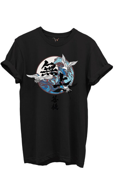 WİDİ تي شيرت للجنسين بنمط طيور الكركي والتموجات على الطراز الفني الياباني مصن...