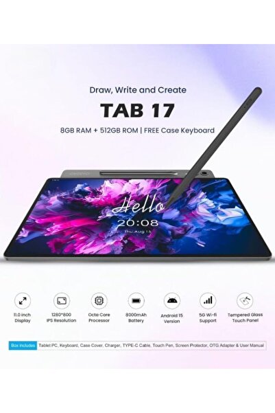 DmarQa TAB 17 Android Tablet, 11-inch Display, 8GB RAM, 512GB Storage, 8000mAh Battery, 5G Wi-Fi, with Keyb