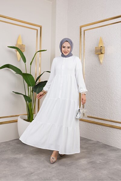 exxitcollection Women's Ayrobin White Stylish and Comfortable Cut Fabric Full Length Hijab Dress