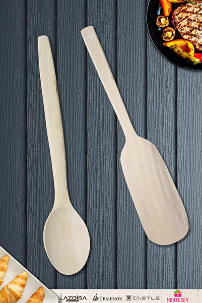 MONTESEV Doğal Şimşir Ağacı Ahşap Tahta Kaşık Spatula Seti Ağaç Kaşık (2li Set)