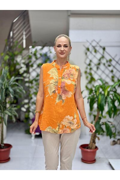 Punta Otantik Ls8819A Sleeveless Cotton Italian Blouse with Pockets Orange