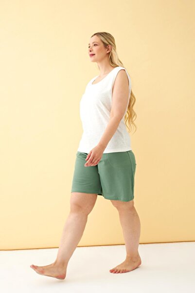 Akbeniz Γυναικείο Πράσινο Άνετο Σορτς Μεγάλου Μεγέθους με Τσέπες