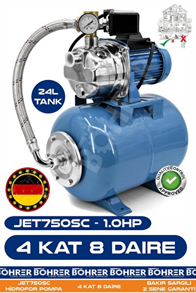 BÖHRER JET750SC 1.0 HP Paslanmaz Giriş Çıkış 24L Yatay Genleşme Tank -- Otomatik Hidrofor Bina Bahçe Su Po