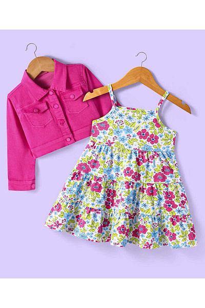 Babyhug Cotton Knit Solid Color Jacket with Floral Printed Tiered Frock - White and Dark Pink
