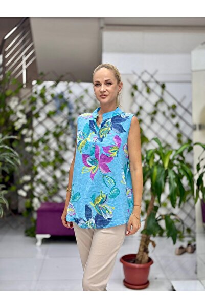 Punta Otantik LS8819B Αμάνικη ιταλική μπλούζα από βαμβάκι με τσέπες μπλε