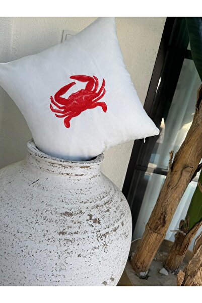 ref crea Re Marine Crab Embroidered Throw Pillow Case White-Red