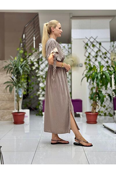 Punta Otantik Pt242500 Elastic Waist Collar Shoulder Tassels Deep Slit Cotton Dress Mink