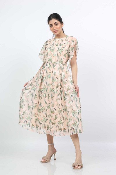 mica Women's Floral Midi Dress with Short Sleeves and Open Butterfly Design