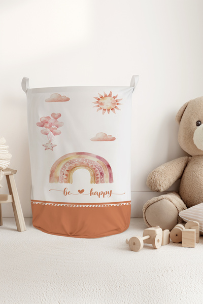 Talia Home Rainbow Be Happy Patterned Children's Room Dirty or Toy Basket Tlas-327