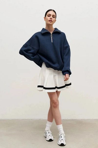 GIA - ART Women's Gray Half Zipper Jacket Sweatshirt 3 Thread Raised Oversize Cut