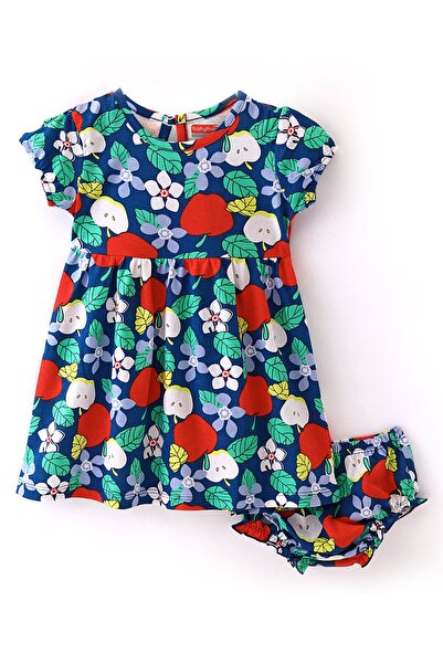 Babyhug 100% Cotton Jersey Knit Half Sleeves Frock With Bloomer Floral Print - Navy Blue