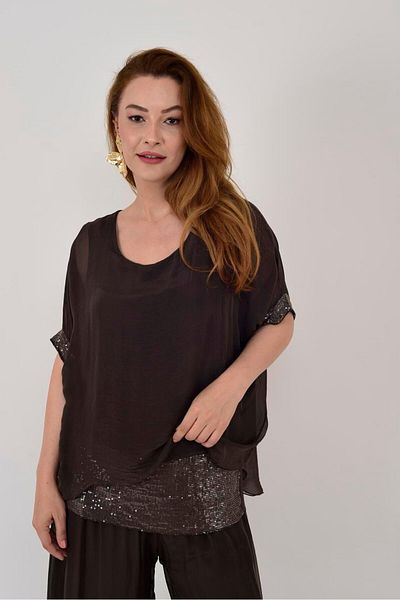 EREN STYLE Set pantaloni bluză din mătase cu paiete cu mâneci liliac italien