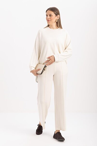 ALLDAY Ecru-Large Leg Slit Lycra Knitted Trousers