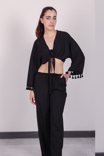 Hazel Set pantaloni negri cu ciucuri pentru femei
