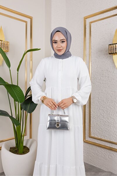 exxitcollection Women's Ayrobin White Stylish and Comfortable Cut Fabric Full Length Hijab Dress