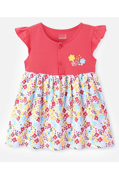 Babyhug Single Jersey Knit Cap Sleeves Frock with Bloomer & Floral Print - Red