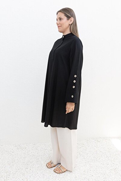ALLDAY Siyah-Kol Düğmeli Keten Tunik