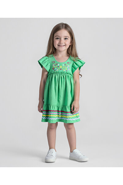 Bonfino 100% Cotton A-Line Tiered Embroidered Dress - Green