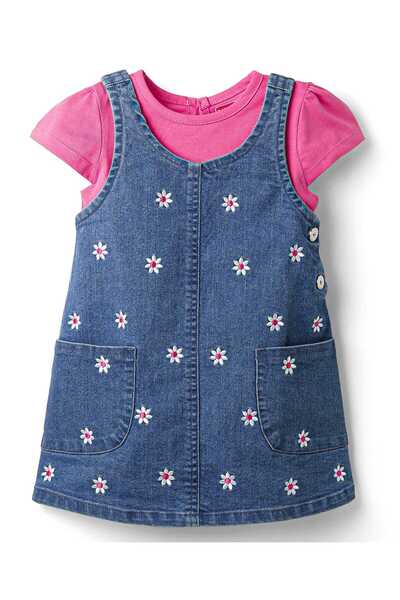 Babyhug Cotton Woven Half Sleeves T-Shirt & Frock with Floral Embroidery - Dark Pink & Blue